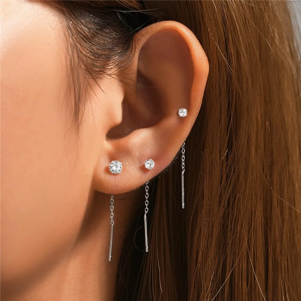 Set of 3 Gold Plated Sterling Silver Crystal Stud Threader Earrings with Tassel Chains for Women