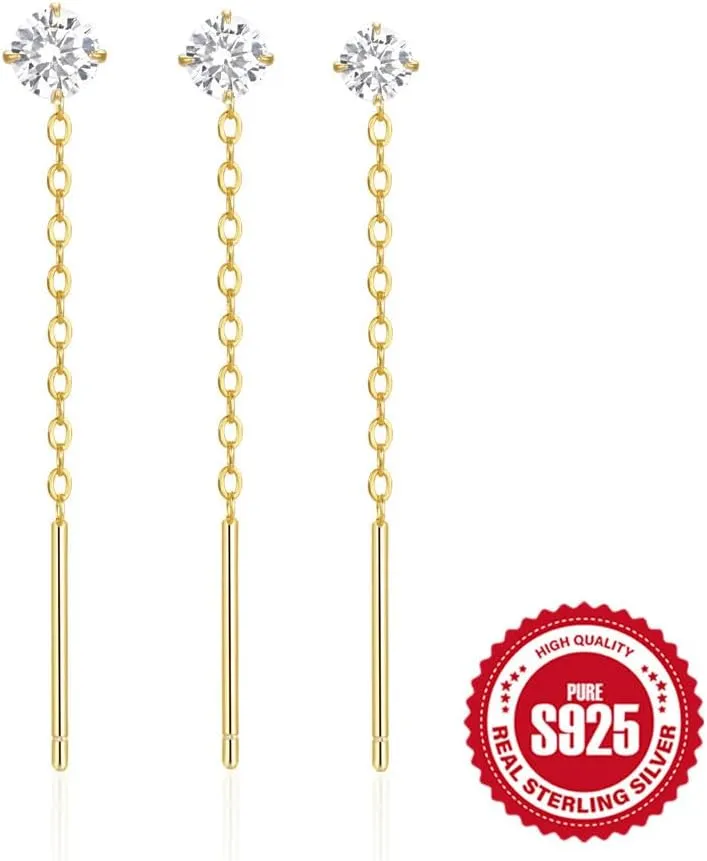 Set of 3 Gold Plated Sterling Silver Crystal Stud Threader Earrings with Tassel Chains for Women