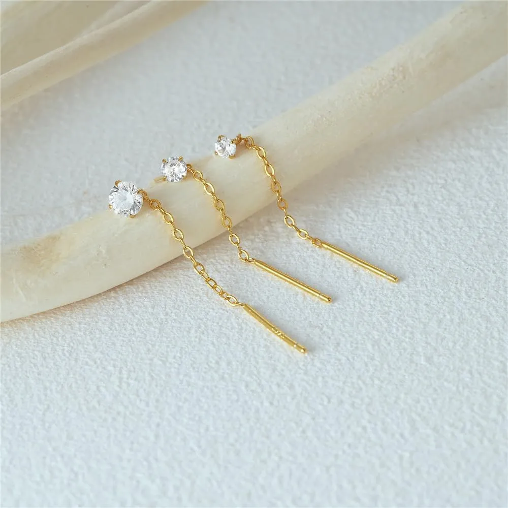Set of 3 Gold Plated Sterling Silver Crystal Stud Threader Earrings with Tassel Chains for Women
