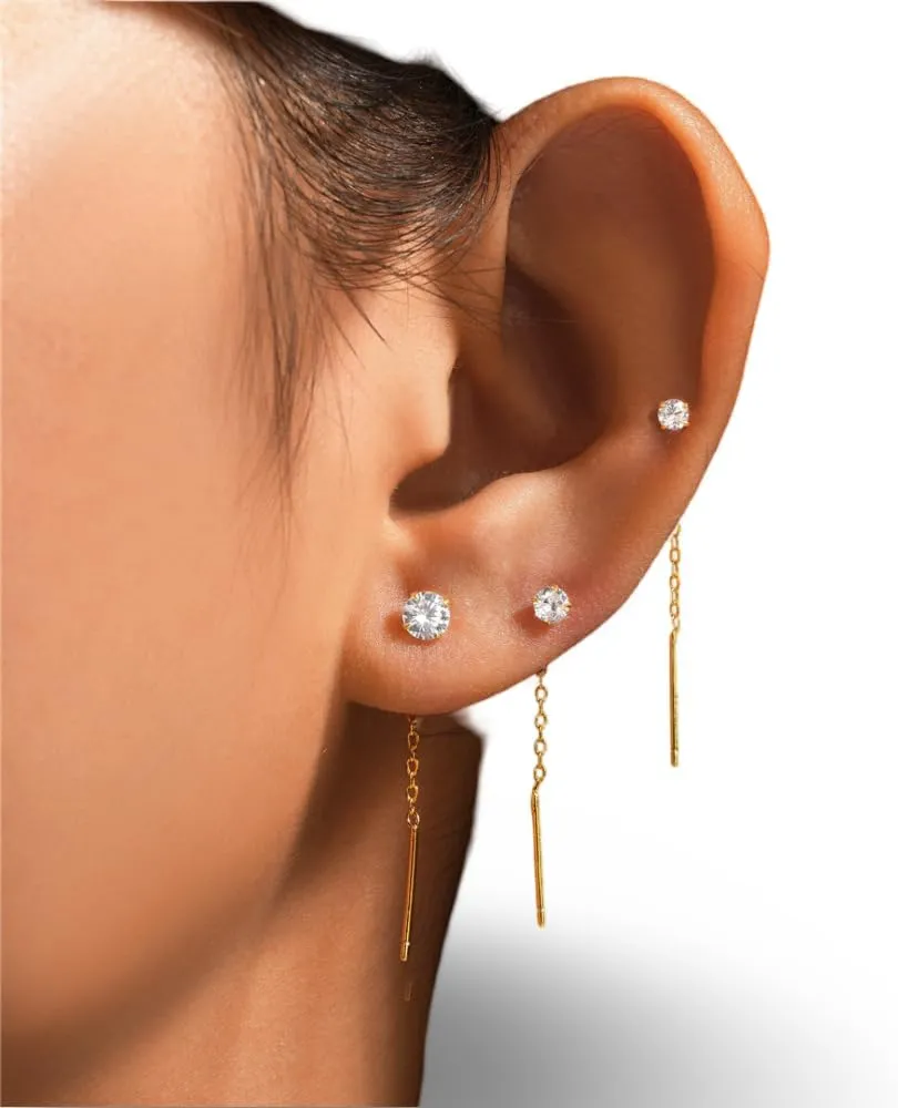 Set of 3 Gold Plated Sterling Silver Crystal Stud Threader Earrings with Tassel Chains for Women