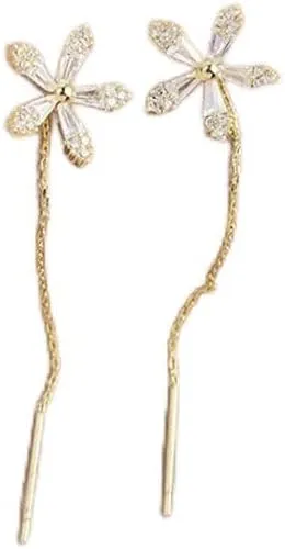 Shiny Diamond Flower Earrings,Crystal Flowers Tassel Chain Dangle Drop Earrings, Sweet Cute Flower Crystal Temperament Geometric Shiny Zircon Earrings Statement Earrings for Women (Gold)