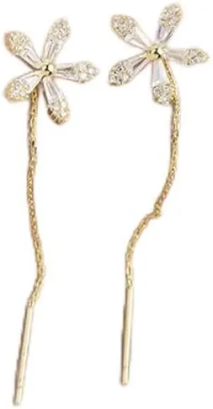 Shiny Diamond Flower Earrings,Crystal Flowers Tassel Chain Dangle Drop Earrings, Sweet Cute Flower Crystal Temperament Geometric Shiny Zircon Earrings Statement Earrings for Women (Gold)