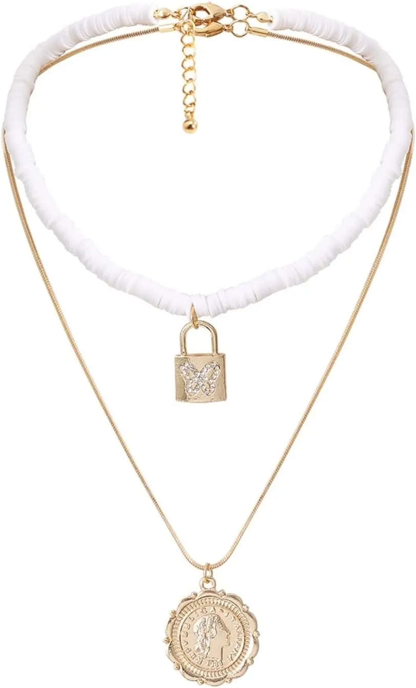 Short Layered Necklace, Gold Necklace Set for Women 2 Layer Pendant Necklaces Gold Lobster Claw Coin Lock Design Graduation Fashion Jewelry 40Cm