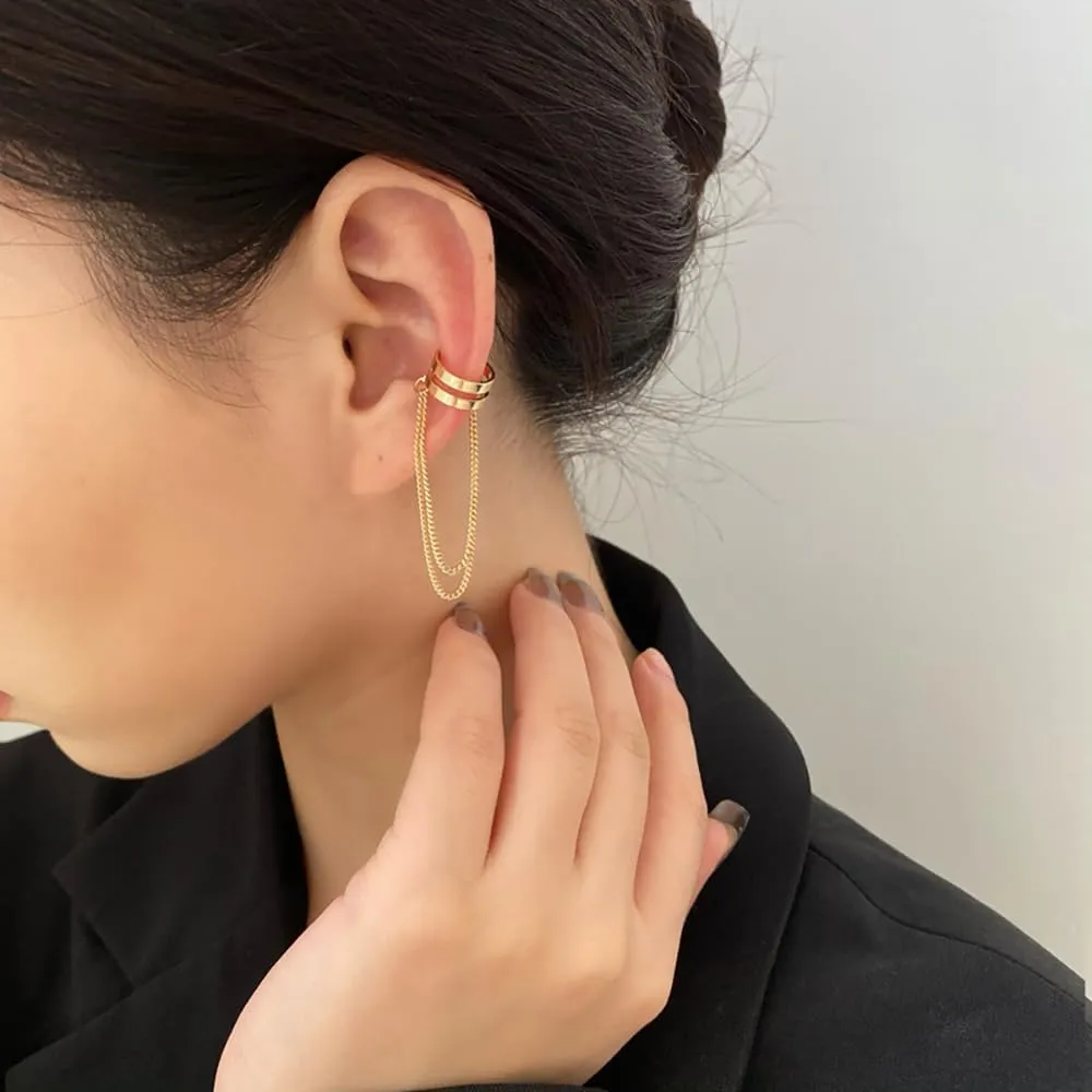 Silver Tassel Chain Ear Clip for Women Teen Girls 14k Gold No Piercing Cartilage Cuff Drop Dangle Earrings Layered Minimalist Wrap Earrings Jewelry