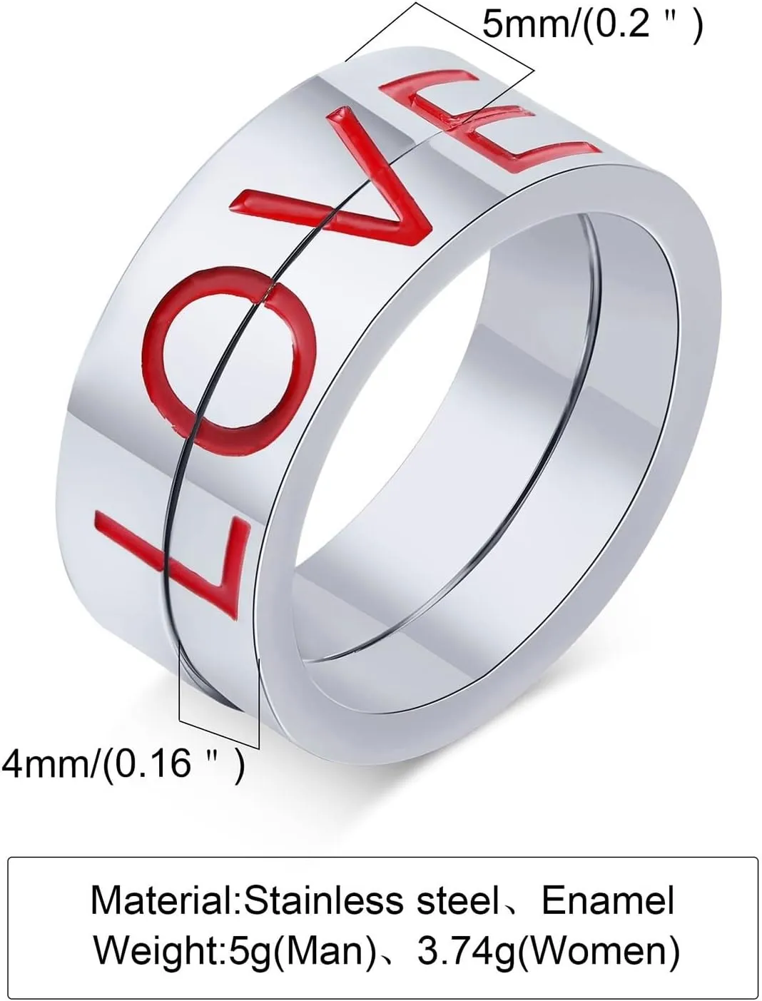 Silver Wedding Rings for Women, Mens Stainless Steel Rings Puzzle Ring Love with Enamel Rings for Men and Women