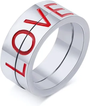 Silver Wedding Rings for Women, Mens Stainless Steel Rings Puzzle Ring Love with Enamel Rings for Men and Women