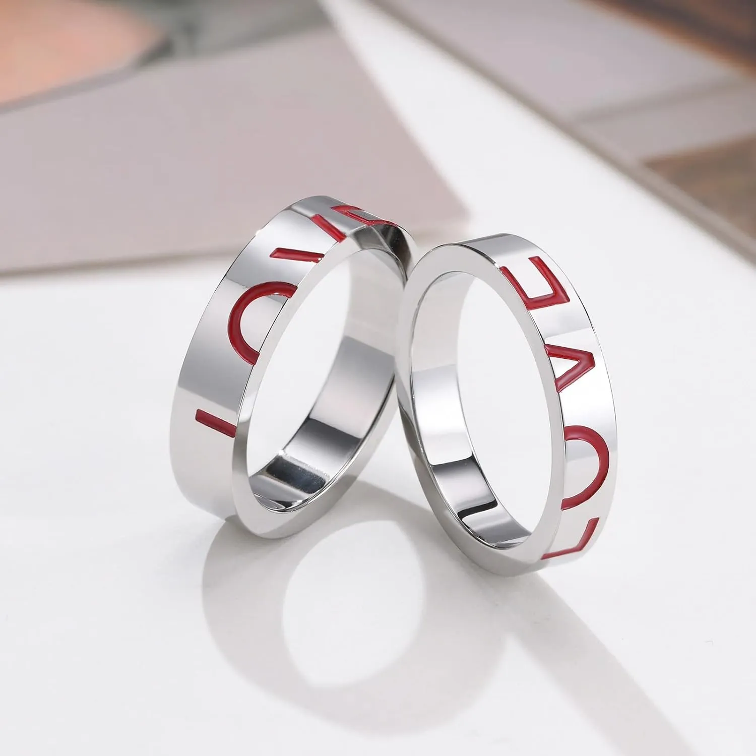 Silver Wedding Rings for Women, Mens Stainless Steel Rings Puzzle Ring Love with Enamel Rings for Men and Women