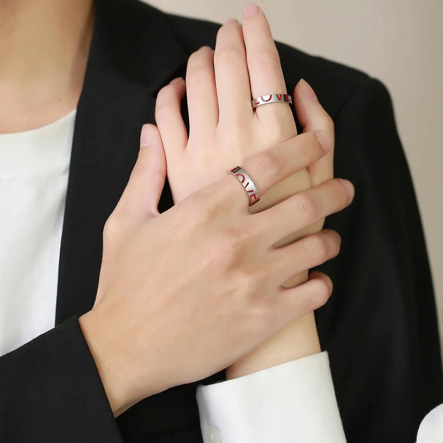 Silver Wedding Rings for Women, Mens Stainless Steel Rings Puzzle Ring Love with Enamel Rings for Men and Women