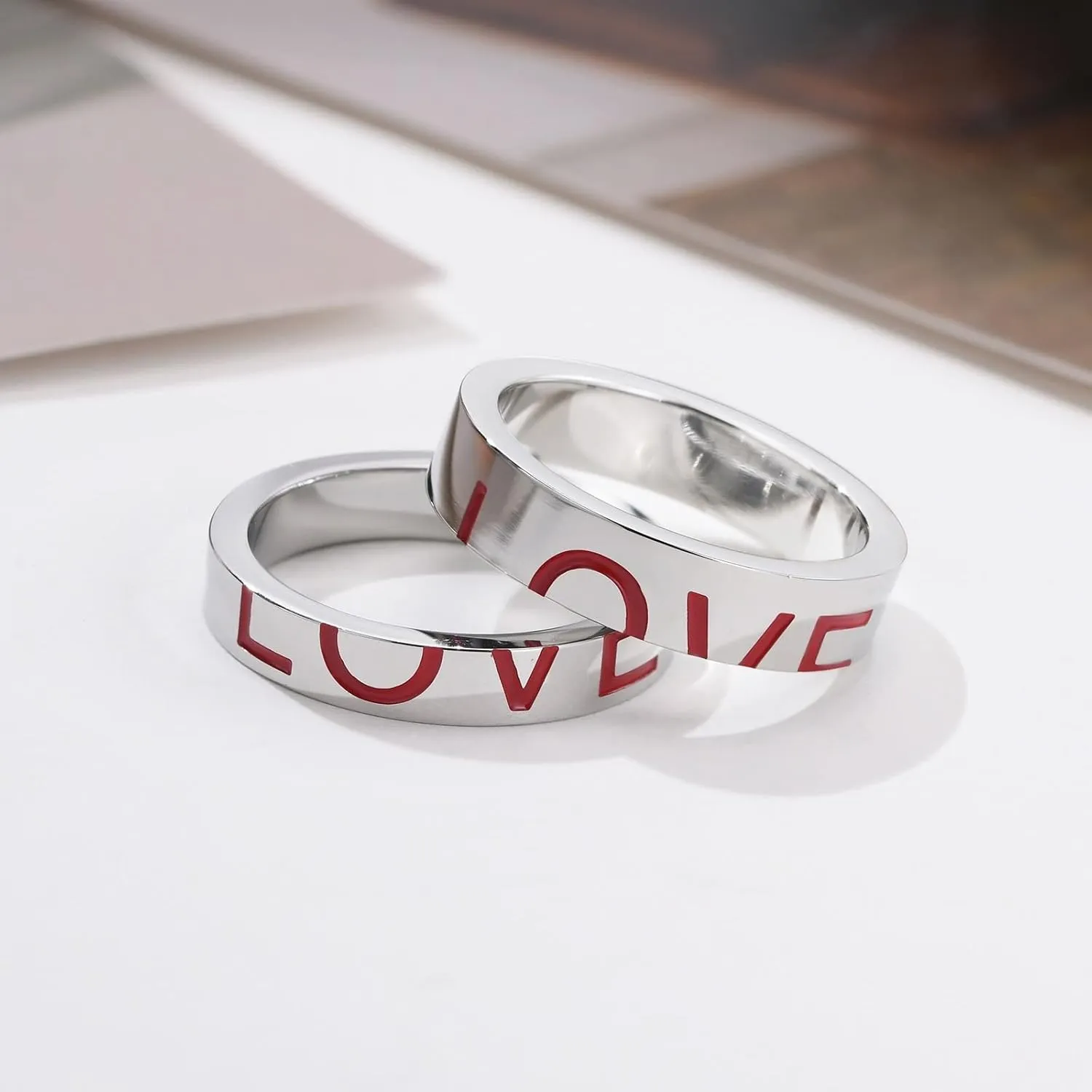 Silver Wedding Rings for Women, Mens Stainless Steel Rings Puzzle Ring Love with Enamel Rings for Men and Women