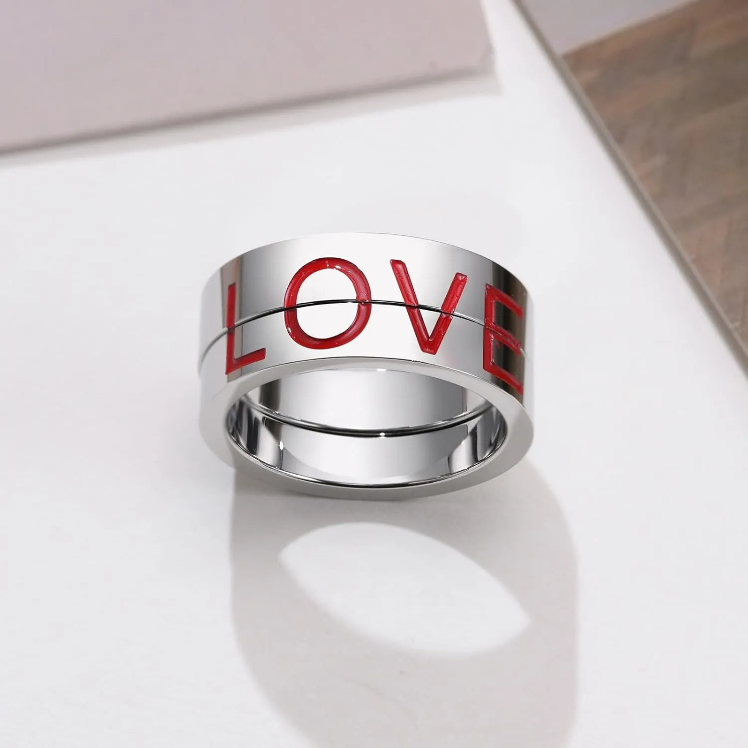 Silver Wedding Rings for Women, Mens Stainless Steel Rings Puzzle Ring Love with Enamel Rings for Men and Women