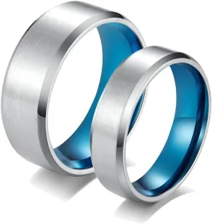 Silver Wedding Rings for Women, Stainless Steel Rings Silver Blue Brushed Ring with Beveled Edge Rings for Men and Women