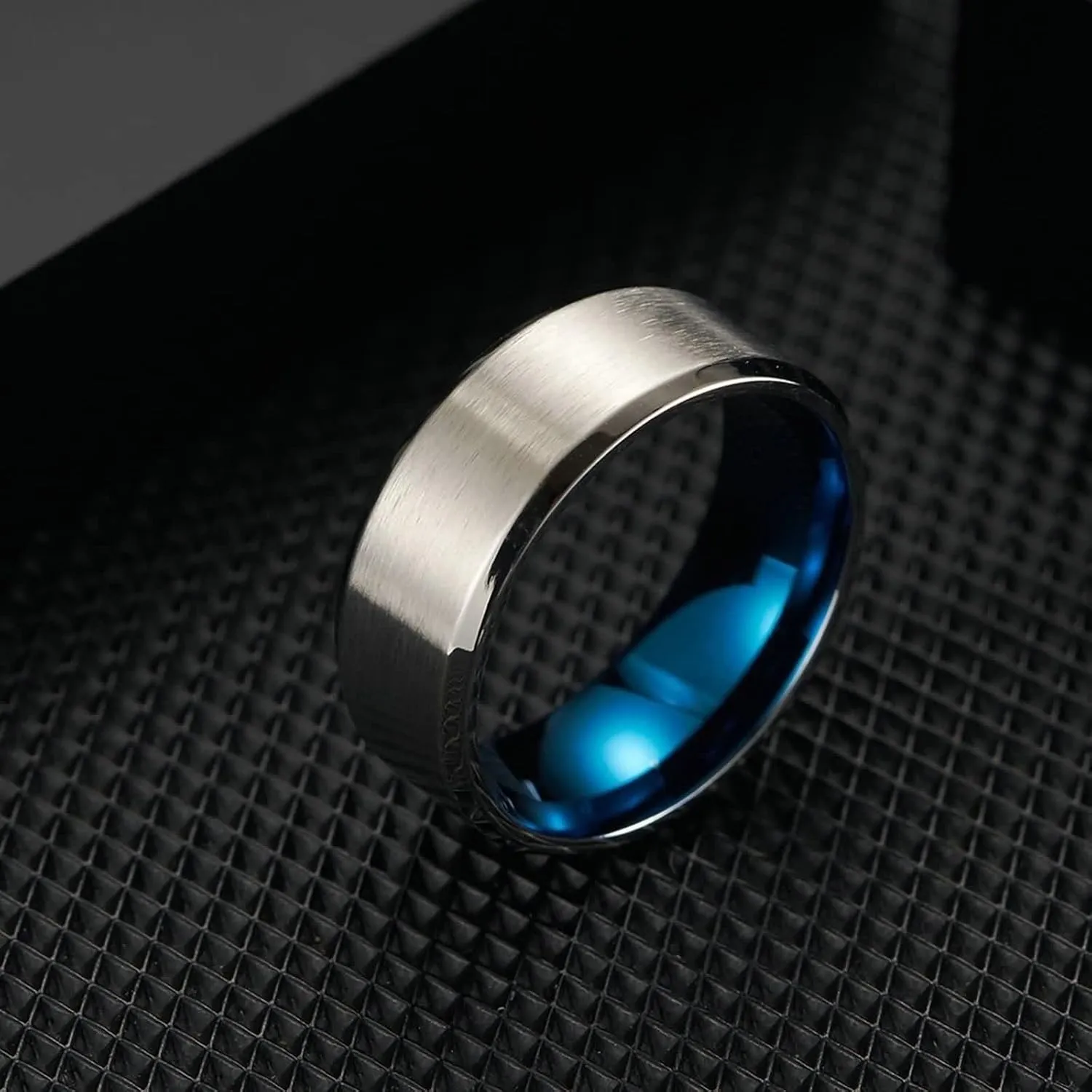 Silver Wedding Rings for Women, Stainless Steel Rings Silver Blue Brushed Ring with Beveled Edge Rings for Men and Women
