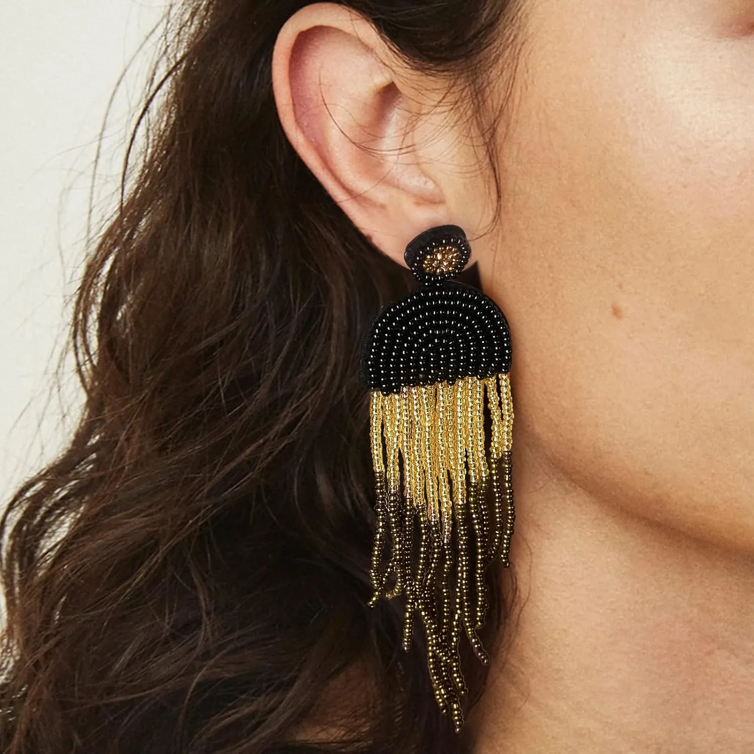 Silver/Beaded-Tassel Dangle Stud Earrings - White-Gold-Plated Earrings - Thick Gold-Plated Stud for Metal Sensitive Ears
