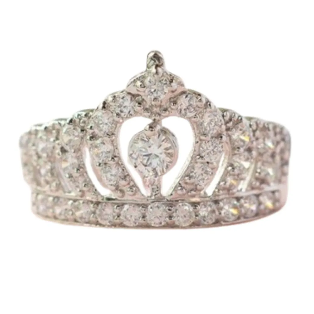 SilverDia 1 Ct Round Cut Diamond Eternity Wedding Engagement Crown Ring 14K White Gold Plated Crown Stacking Ring Handmade Customized 925 Sterling Silver Queen Crown Ring Gorgeous Gift For Her