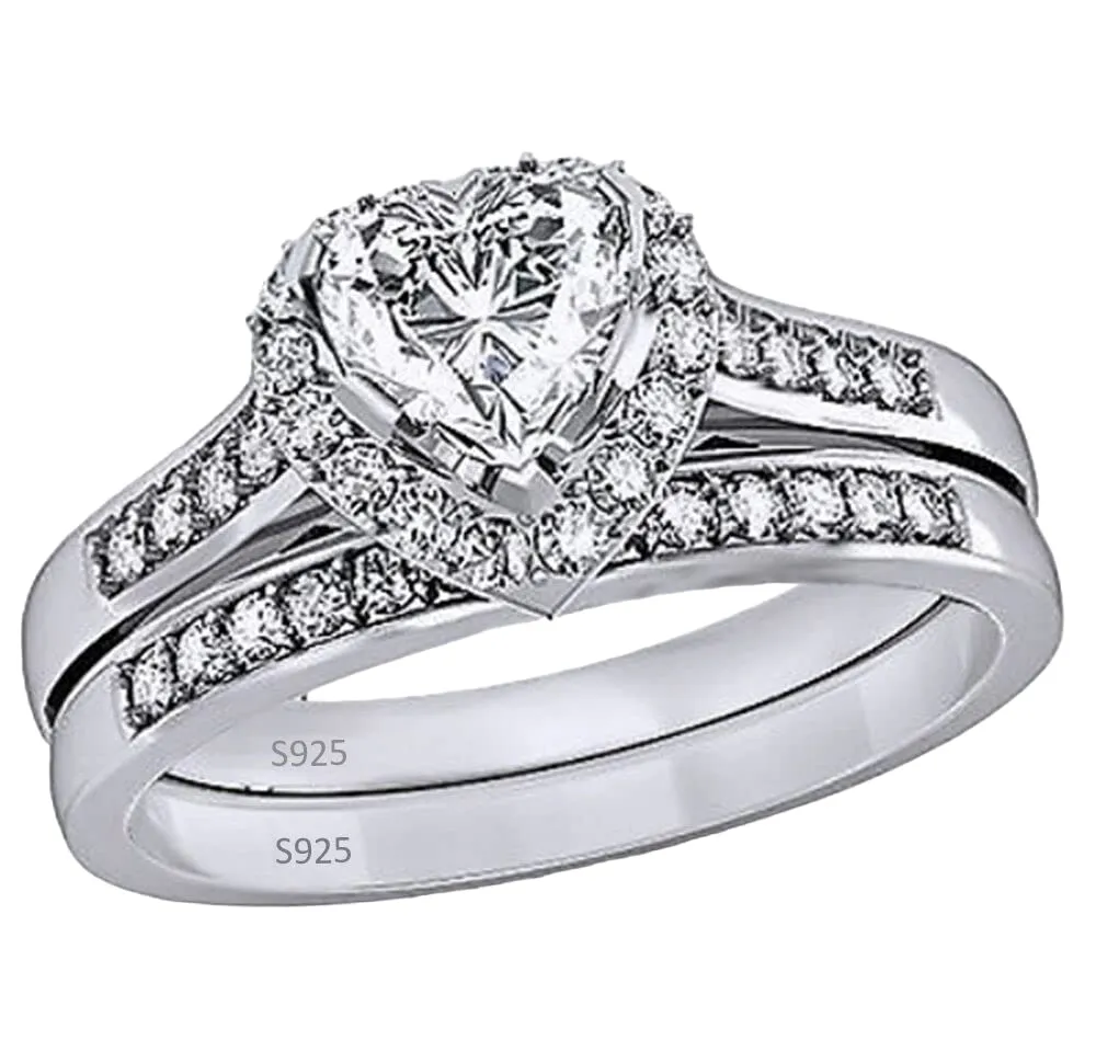 SilverDia 1.27 Ct Heart Cut Diamond Halo Wedding Prong Set Engagement Ring Set For Women 14K White Gold Finish 925 Sterling Silver Handmade Stacking Customized Anniversary Promise Ring Gift For Her