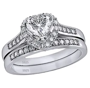 SilverDia 1.27 Ct Heart Cut Diamond Halo Wedding Prong Set Engagement Ring Set For Women 14K White Gold Finish 925 Sterling Silver Handmade Stacking Customized Anniversary Promise Ring Gift For Her