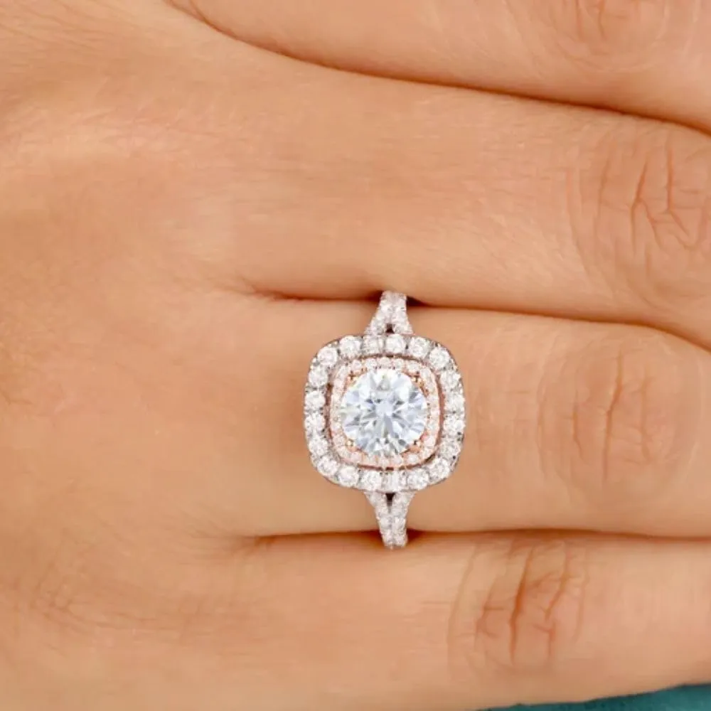 SilverDia 1.50 Ct Round Diamond Two-Tone Double Halo Split Shank Solitaire Accent Engagement Ring For Women 14K Gold Plated Wedding Jewelry Solid 925 Sterling Silver Handmade Proposal Ring
