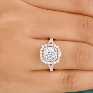 SilverDia 1.50 Ct Round Diamond Two-Tone Double Halo Split Shank Solitaire Accent Engagement Ring For Women 14K Gold Plated Wedding Jewelry Solid 925 Sterling Silver Handmade Proposal Ring