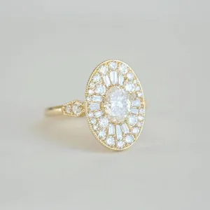 SilverDia 2 Ct Oval & Baguette Cut Diamond Cluster Dainty Fancy Solitaire Engagement Rings For Women 14K Yellow Gold Over 925 Sterling Silver Handmade Anniversary Ring Customized Birthday Gift For Her