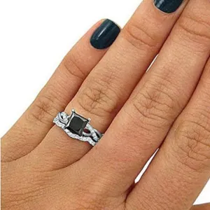 SilverDia 2 Ct Princess Cut Black Diamond Hello Solitaire Wedding Engagement Ring Set for Women 14K White Gold Finish 925 Sterling Silver Beautiful Handmade Stacking Anniversary Ring Gift For Her