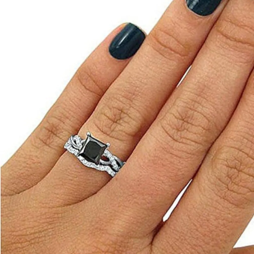 SilverDia 2 Ct Princess Cut Black Diamond Hello Solitaire Wedding Engagement Ring Set for Women 14K White Gold Finish 925 Sterling Silver Beautiful Handmade Stacking Anniversary Ring Gift For Her