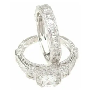 SilverDia 2 Ct Princess Cut Diamond Vintage Art Deco Style Milgrain Bridal Engagement Ring Set For Women 14K Gold Plated Victorian Stacking Matching Bnad Set 925 Sterling Silver Handmade Promise Ring