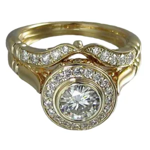 SilverDia 2 Ct Round Cut Diamond Halo Bridal Wedding Band Engagement Ring Set 14K Yellow Gold Plated 925 Sterling Silver Handmade Stacking Matching Anniversary Band Set Beautiful Gift For Her