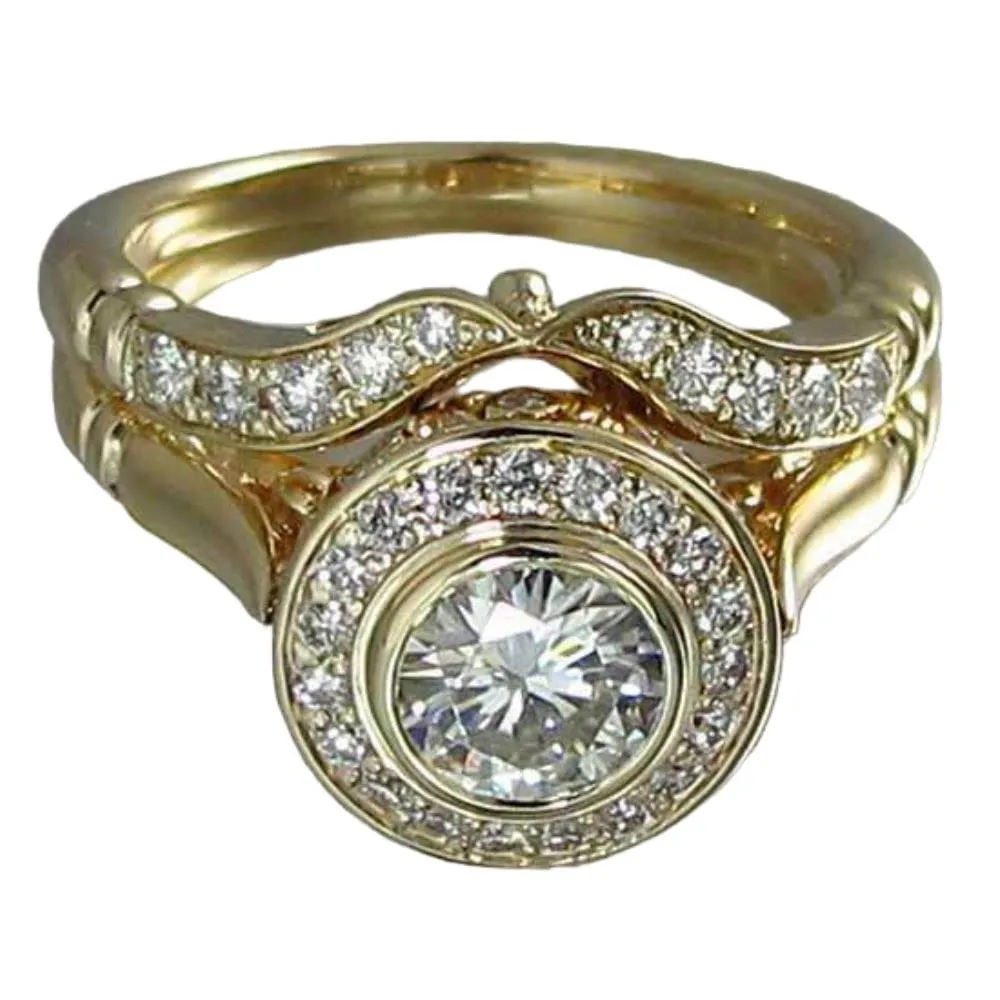 SilverDia 2 Ct Round Cut Diamond Halo Bridal Wedding Band Engagement Ring Set 14K Yellow Gold Plated 925 Sterling Silver Handmade Stacking Matching Anniversary Band Set Beautiful Gift For Her