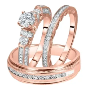SilverDia 2 Ct Round Cut Diamond His Her Trio Bridal Wedding Band Engagement Ring For Women's 14K Rose Gold Finish Solid 925 Sterling Silver Handmade Customized Stacking Matching Gorgeous Gift For Her