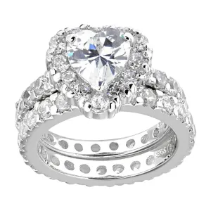 SilverDia 2.0 Ct Heart Round Cut Diamond Wedding Halo Engagement Bridal Rings Set For Women 14K White Gold Finish 925 Sterling Silver Handmade Stacking Customized Anniversary Promise Ring Gift For Her
