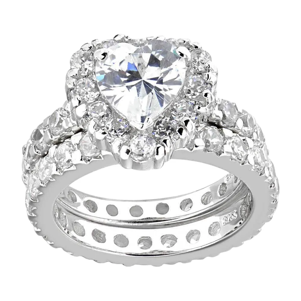 SilverDia 2.0 Ct Heart Round Cut Diamond Wedding Halo Engagement Bridal Rings Set For Women 14K White Gold Finish 925 Sterling Silver Handmade Stacking Customized Anniversary Promise Ring Gift For Her