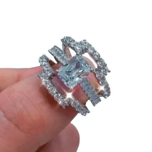 SilverDia 3.35 Ct Radiant Cut Diamond Trio Set Wedding Band Engagement Ring Set 14K White Gold Plated Real 925 Sterling Silver Handmade Personalized Stacking Matching Anniversary Band Ring