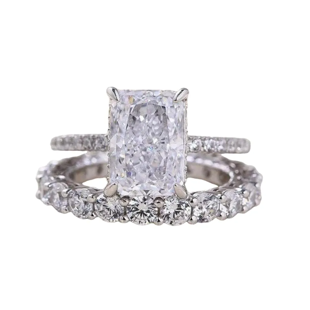 SilverDia 3.50 Radiant Cut Diamond Classic Women's Wedding Band Engagement Ring Set 14K White Gold Over Real 925 Sterling Silver Handmade Customized Stacking Matching Gorgeous Gift For Her