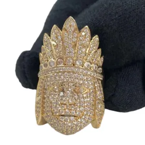 SilverDia Iced Out Diamond Men Native American Indian Chief Ring Unique Hip Hop Rapper Biker Rings Wild Tribe King Crown Face Ring 14K Gold Finish Solid 925 Silver Handmade Festival Ring Gift For Her