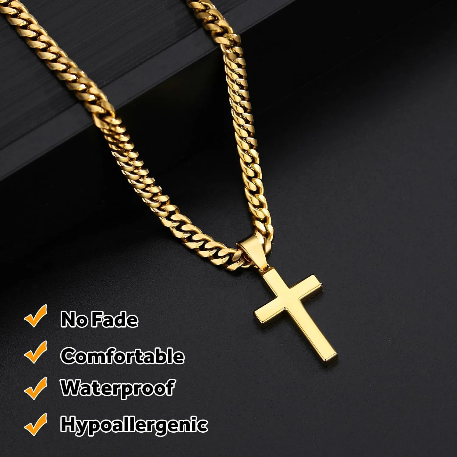 Simple Cross Necklace for Men Women with 18-26 Inch Chunky Cuban Chain, Durable Stainless Steel Black Gold Silver Cross Pendant Necklace for Men Teen Boys Girls with Jewelry Gifts Box