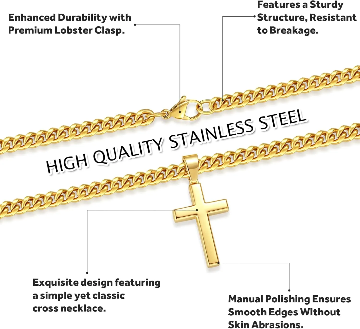 Simple Cross Necklace for Men Women with 18-26 Inch Chunky Cuban Chain, Durable Stainless Steel Black Gold Silver Cross Pendant Necklace for Men Teen Boys Girls with Jewelry Gifts Box