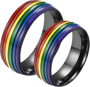 Simple Rings for Men, Stainless Steel Rings 8mm Black LGBT Ring with Rainbow Enamel Men's and Women's Fashion Rings