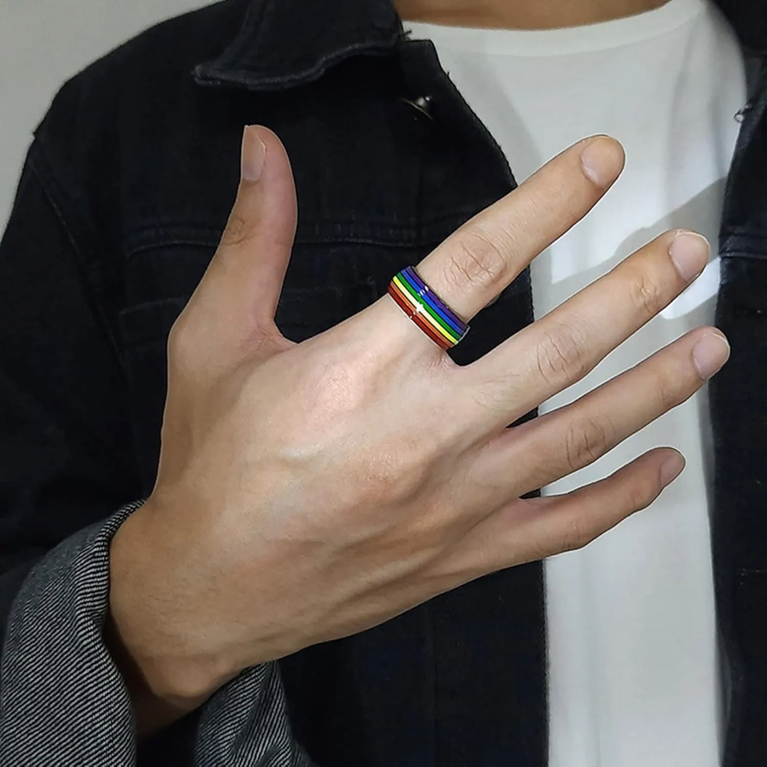 Simple Rings for Men, Stainless Steel Rings 8mm Black LGBT Ring with Rainbow Enamel Men's and Women's Fashion Rings