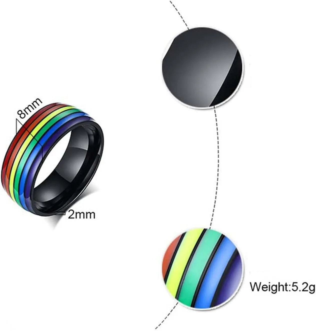 Simple Rings for Men, Stainless Steel Rings 8mm Black LGBT Ring with Rainbow Enamel Men's and Women's Fashion Rings