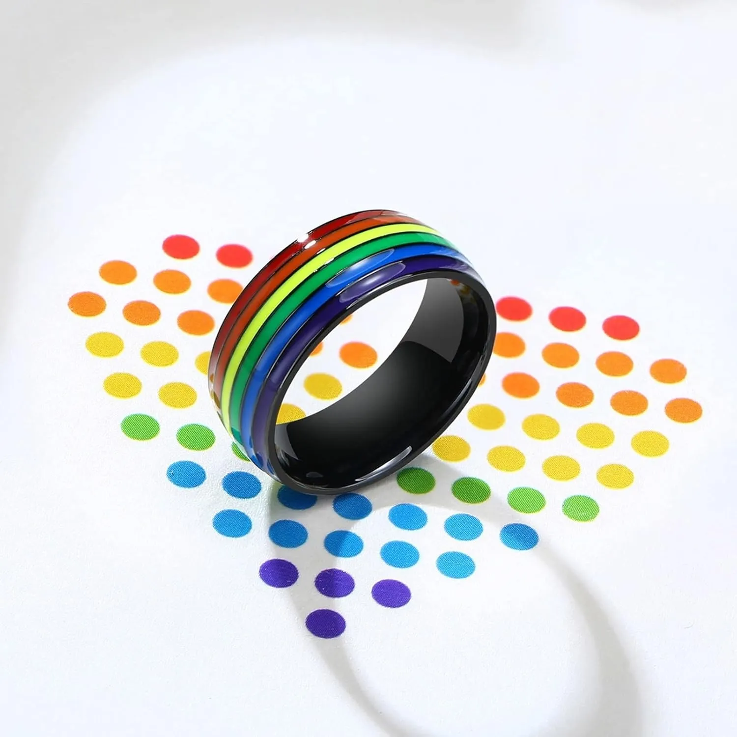 Simple Rings for Men, Stainless Steel Rings 8mm Black LGBT Ring with Rainbow Enamel Men's and Women's Fashion Rings