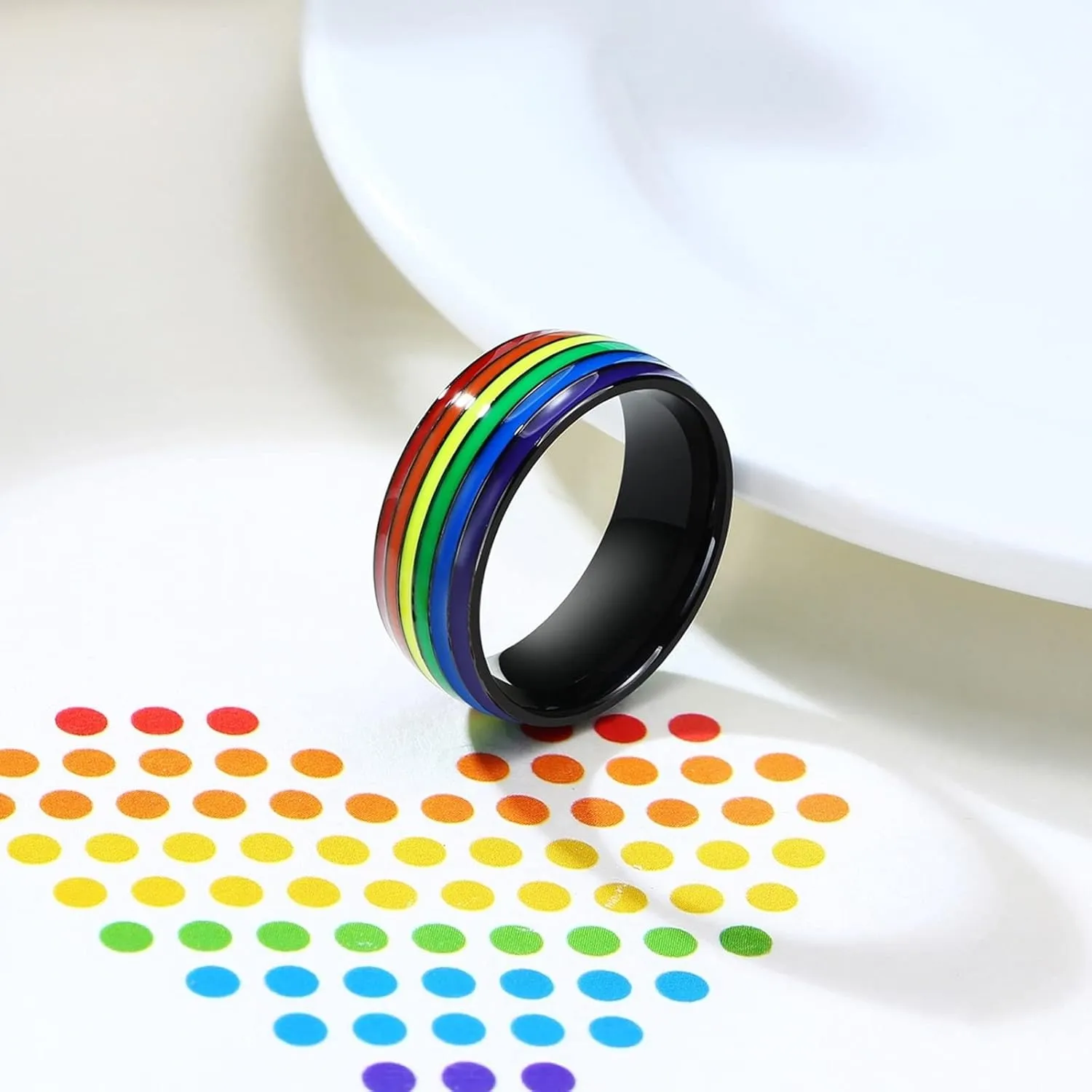 Simple Rings for Men, Stainless Steel Rings 8mm Black LGBT Ring with Rainbow Enamel Men's and Women's Fashion Rings