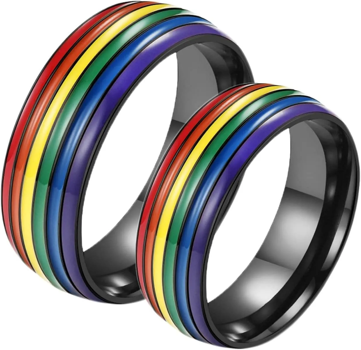 Simple Rings for Men, Stainless Steel Rings 8mm Black LGBT Ring with Rainbow Enamel Men's and Women's Fashion Rings