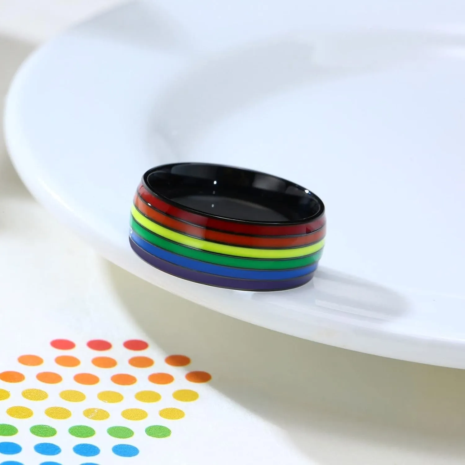 Simple Rings for Men, Stainless Steel Rings 8mm Black LGBT Ring with Rainbow Enamel Men's and Women's Fashion Rings