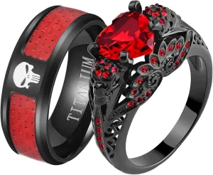 Skull Rings His and Hers Couple Rings Skeleton Rings Heart Green Cz Womens Wedding Ring Punk Ring