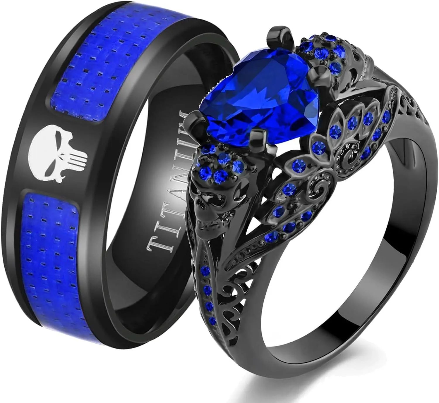 Skull Rings His and Hers Couple Rings Skeleton Rings Heart Green Cz Womens Wedding Ring Punk Ring