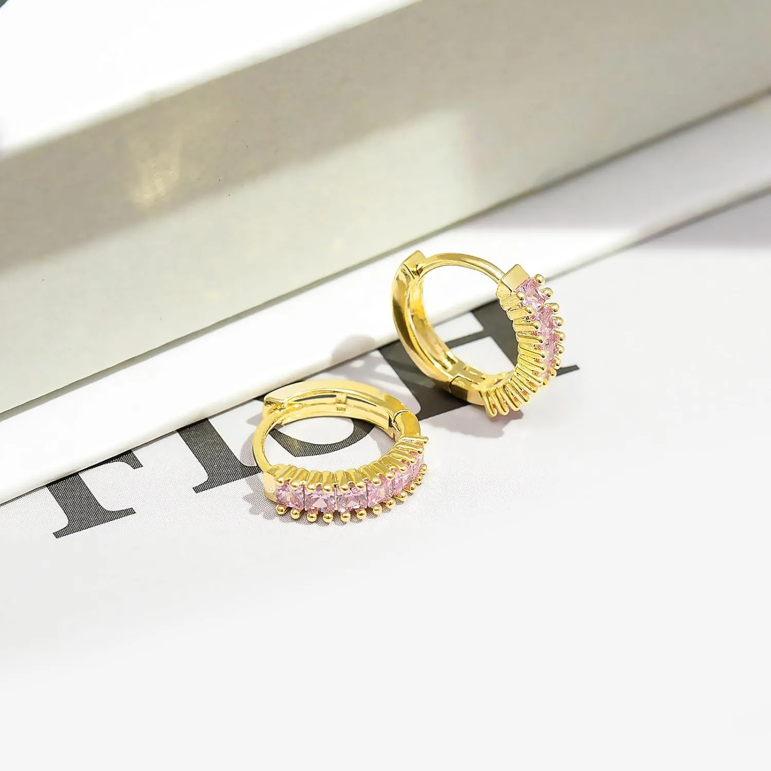 Small Gold Hoop Earrings for Women 14K Real Gold Plated Mini Cartilage Hypoallergenic Cubic Zirconia Birthstone Gold Huggie Earrings for Women