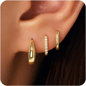 Small Sterling Silver Huggie Hoop Earrings Set for Women, 14K Gold Plated Cartilage Earings for Multiple Piercing Hypoallergenic Trendy Jewelry, Dainty Tiny Mini Stack Cubic Zircon Earring Gift