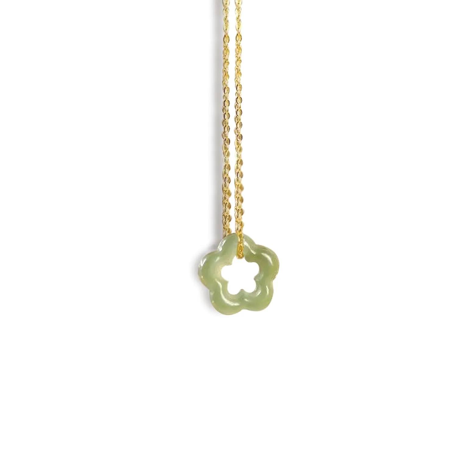 SofiaCreations Genuine Green Hetian Jade Floral Flower Shaped Pendant 18K Gold Dainty Cahin Necklace, Healing Protection Strength Reiki Spiritual Energy Necklace, Adjustable Necklace (Light Green)