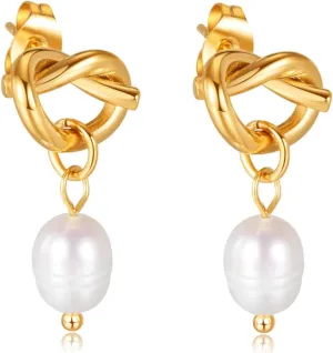 SPEVERT Pearl Earrings for Women 14K Gold Plated Titanium Steel Huggie Freshwater Pearl Dangle Earrings Wedding Birthday Jewelry