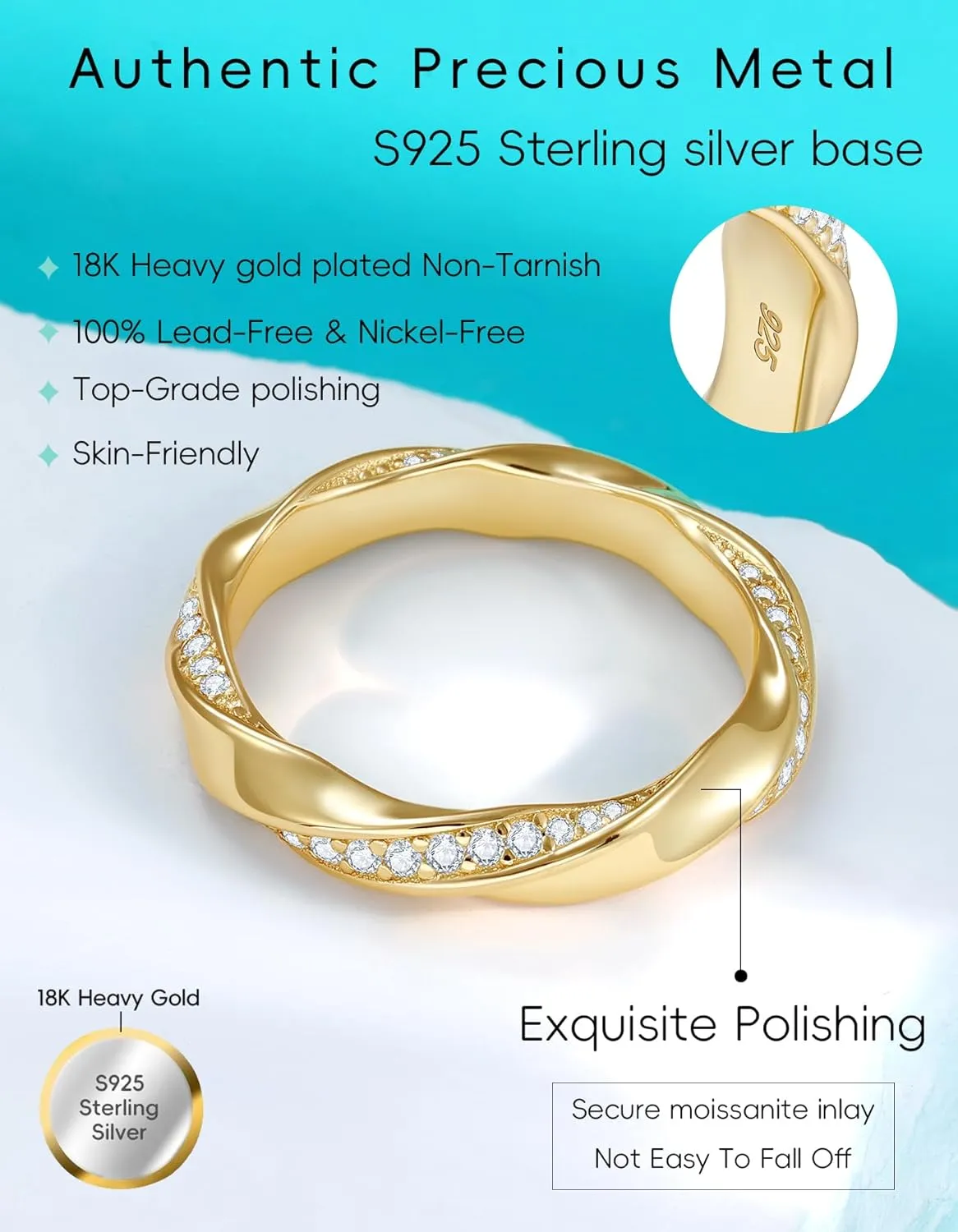 Stackable Eternity Band Rings for Women Wedding, Engagement, Promise, Anniversary | Premium Moissanite D Color VVS1 Clarity 3EX Cut | S925 Sterling Silver 18K Gold Plated Non Tarnish